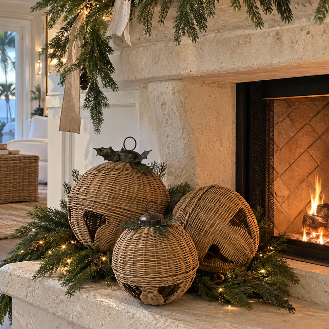 Group of natural woven rattan bell decorations styled together for coastal Christmas decorating.