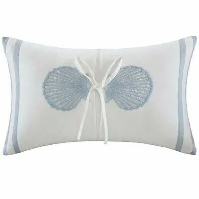 Coastal Seashell Decorative Lumbar Pillow in white with blue shell accents and ribbon tie, 12 x 20, oblong lumbar silhouette.