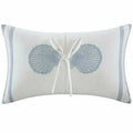 Coastal Seashell Decorative Lumbar Pillow in white with blue shell accents and ribbon tie, 12 x 20, oblong lumbar silhouette.