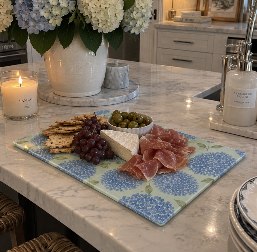 Hydrangea coastal entertaining board with blue floral artwork for brunches and summer gatherings