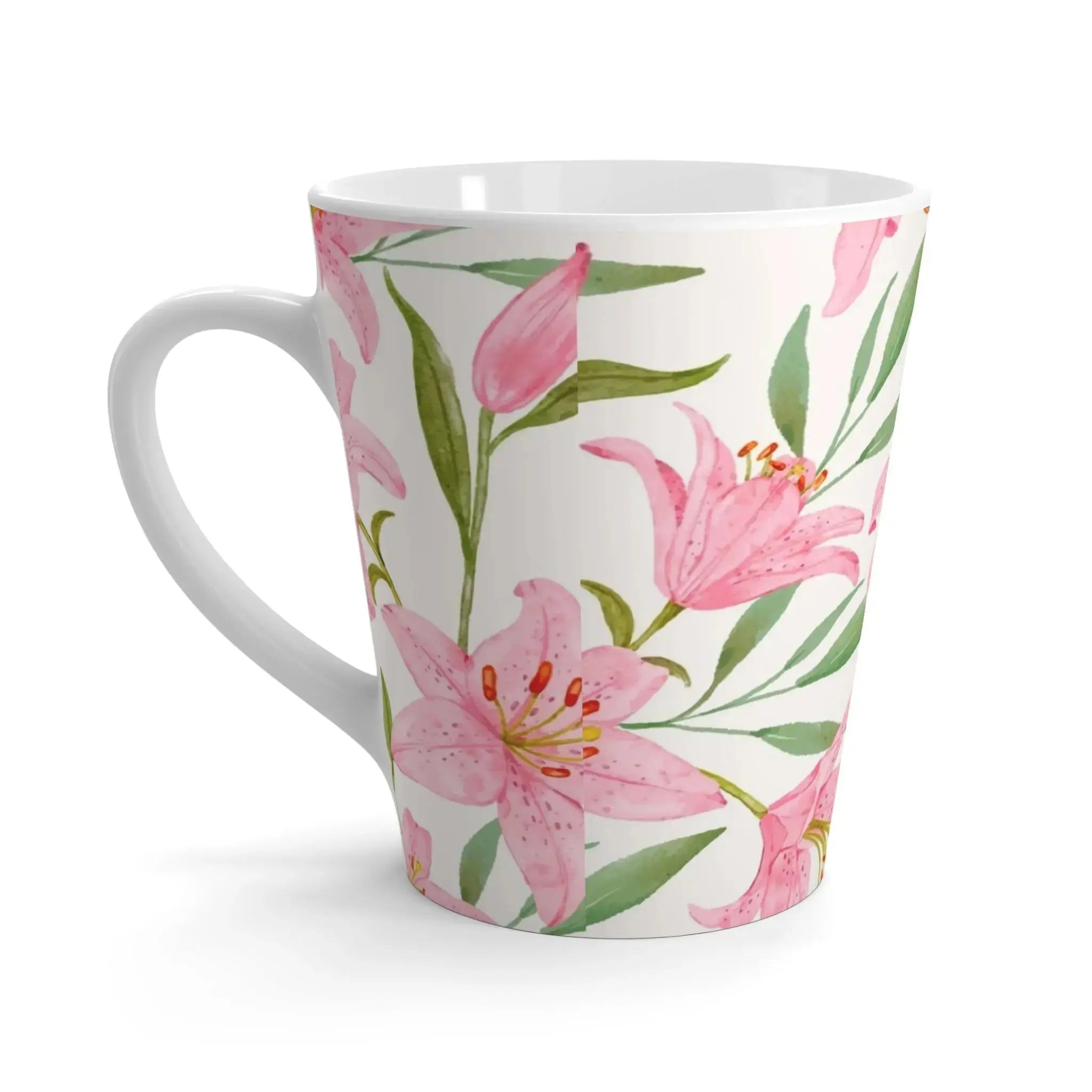 Side view of pink floral coffee mug showing handle and design.