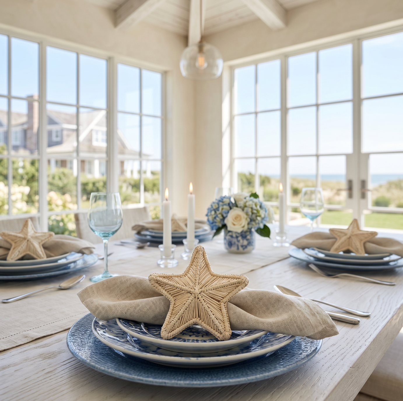 Woven iraca starfish napkin rings on white linen napkins for relaxed beach house table decor.