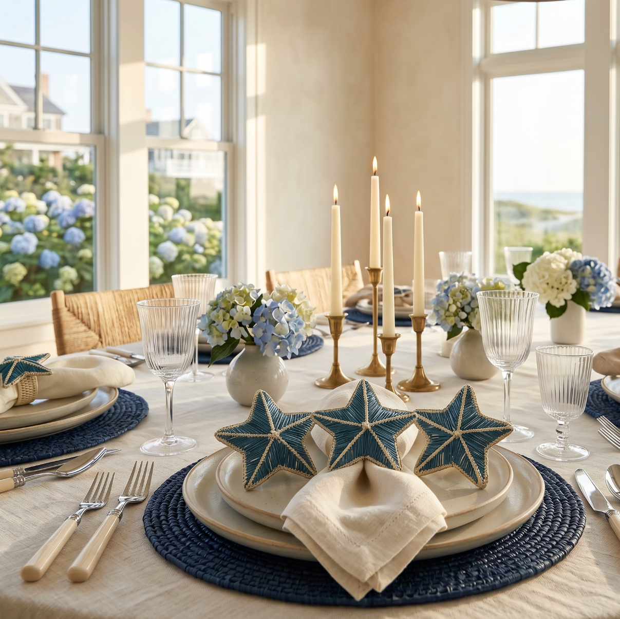 Natural iraca palm starfish napkin rings styled on a beach house summer table