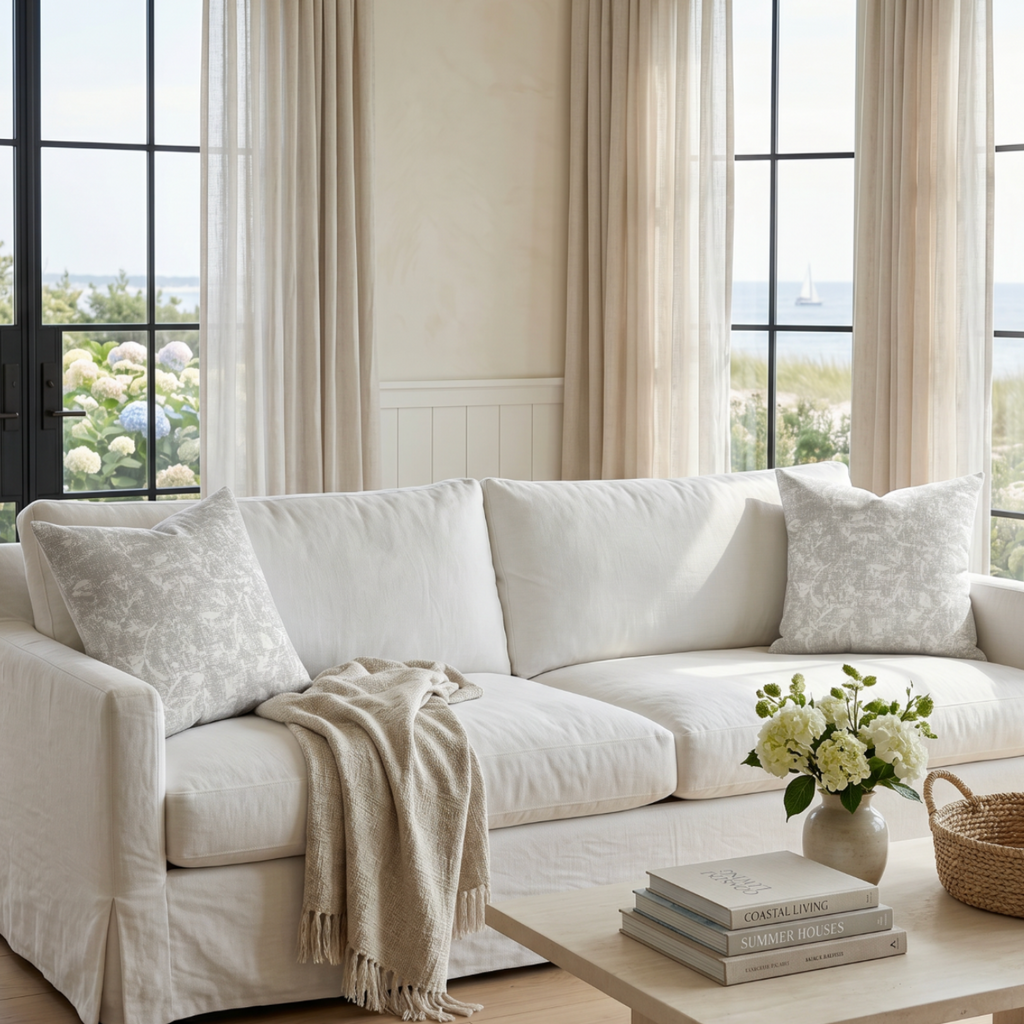 Neutral abstract pattern pillow on a cream sofa with a light throw in a beach house living room