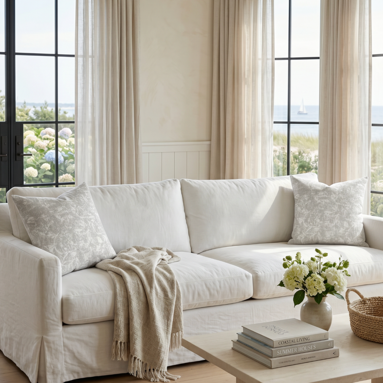 Neutral abstract pattern pillow on a cream sofa with a light throw in a beach house living room