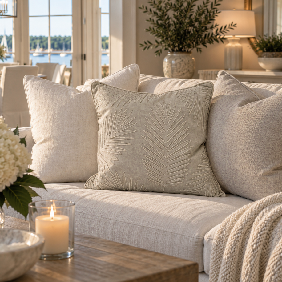 Ivory botanical leaf throw pillow for a coastal living room