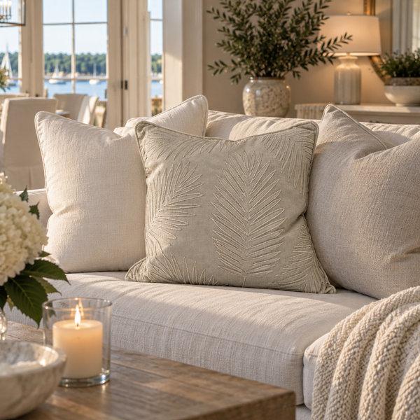 Ivory botanical leaf throw pillow for a coastal living room
