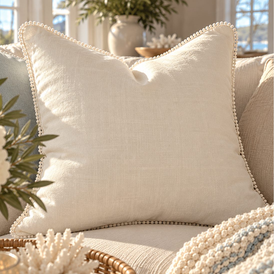 Ivory textured throw pillow with pom pom trim on a neutral beach house sofa