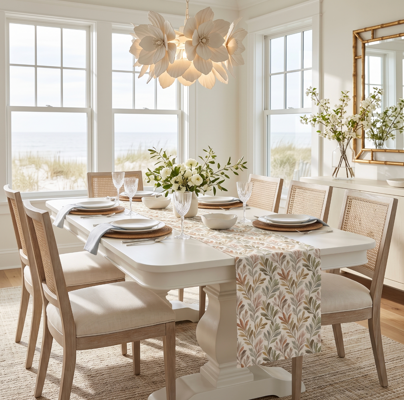 Fall linen table runner featuring painterly olive leaves in earthy green, tan, and dusty rust tones.