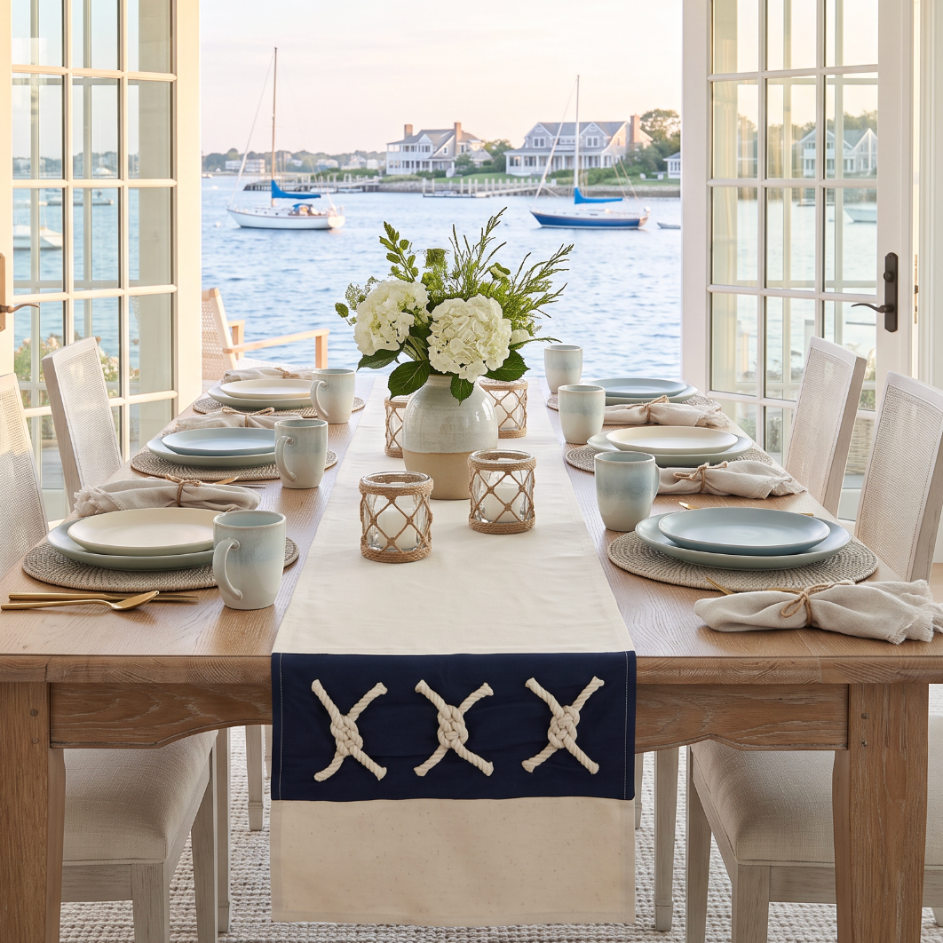 Ivory table runner with a navy blue end panel and three raised rope knot appliqués, styled on a coastal dining table.