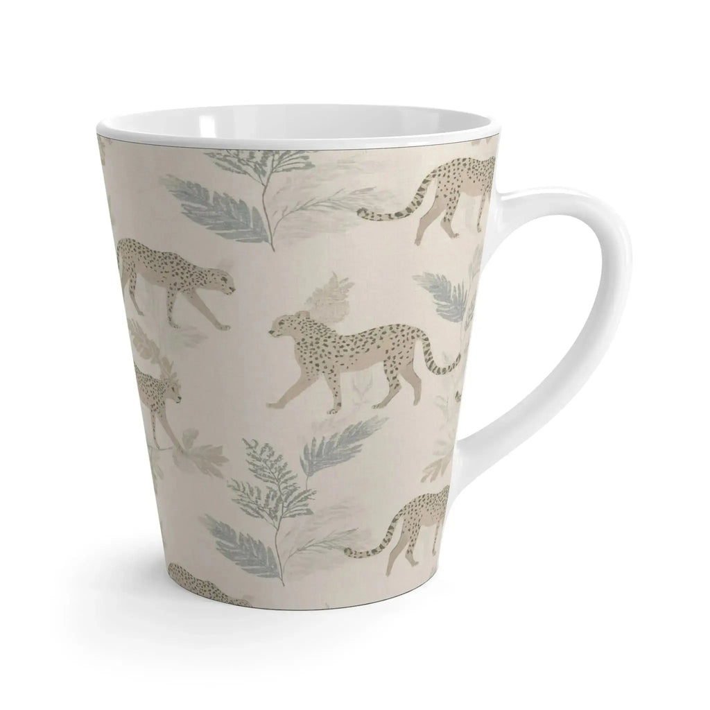 Jaguar pattern coffee mug filled with coffee in a modern workspace