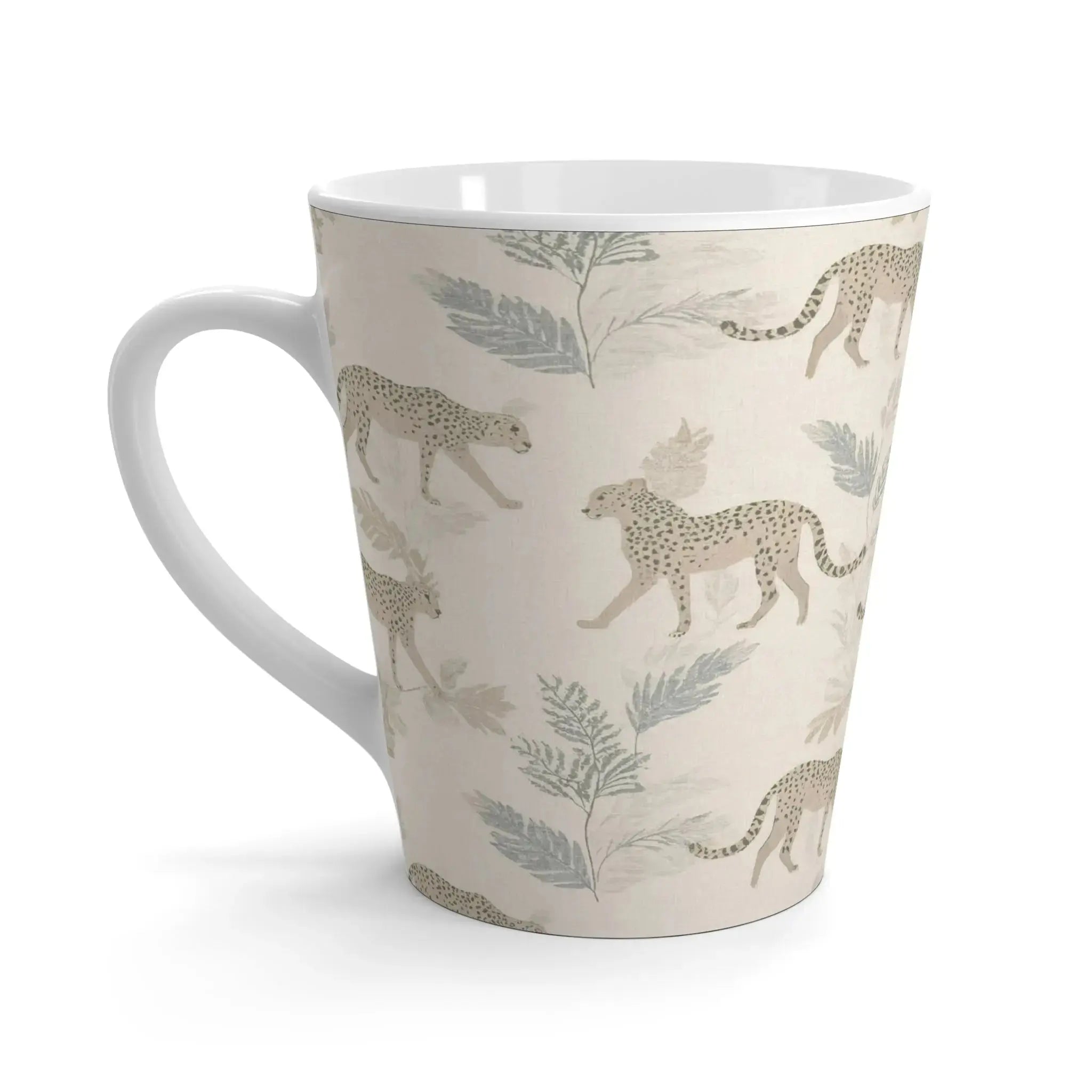 Closeup of jaguar animal print pattern on ceramic coffee mug