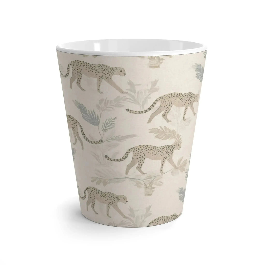 Side view of jaguar pattern coffee mug showing handle and wild cat print