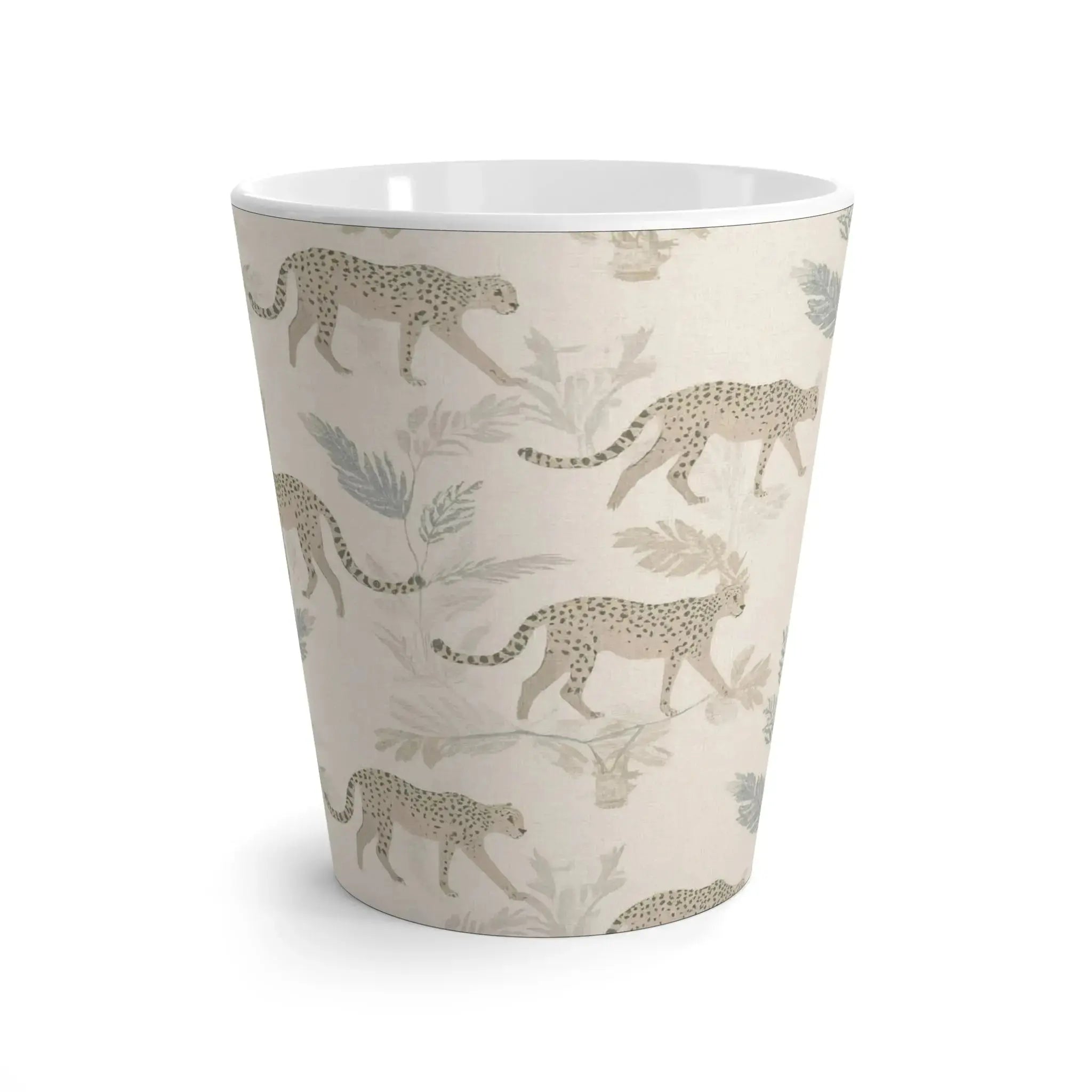 Side view of jaguar pattern coffee mug showing handle and wild cat print