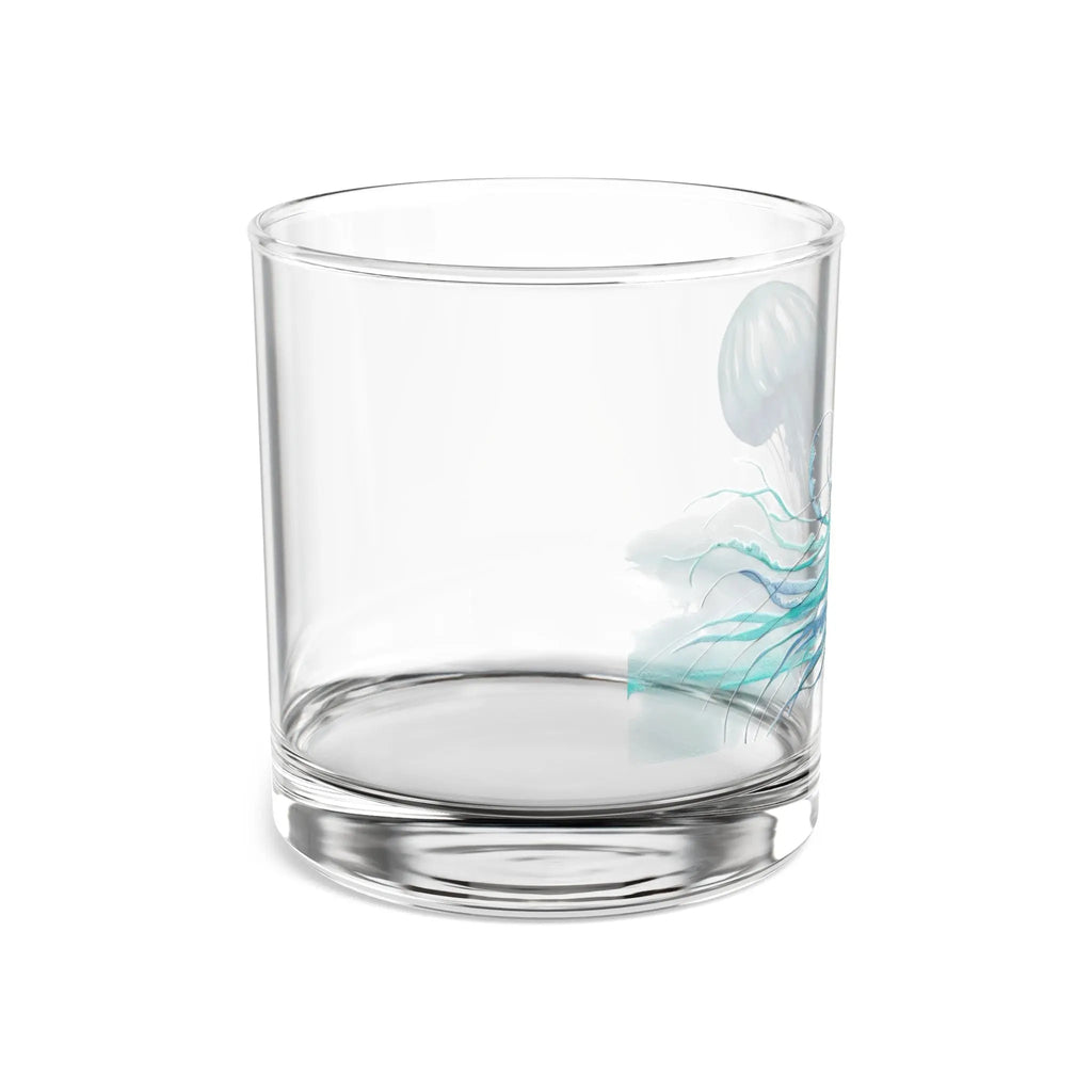 Closeup of jellyfish motif on clear rocks glass for coastal barware