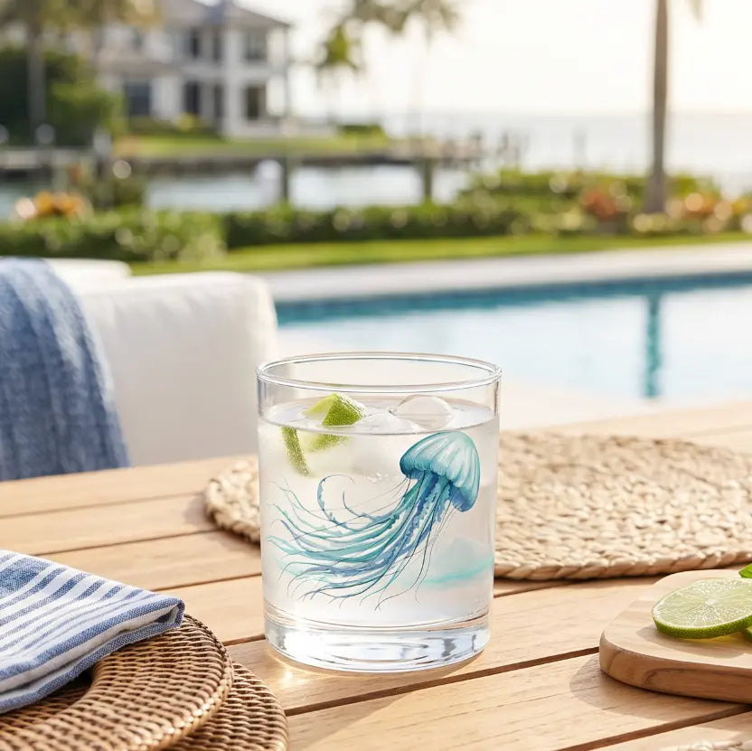 Jellyfish rocks glass, ocean-inspired whiskey tumbler for coastal barware.