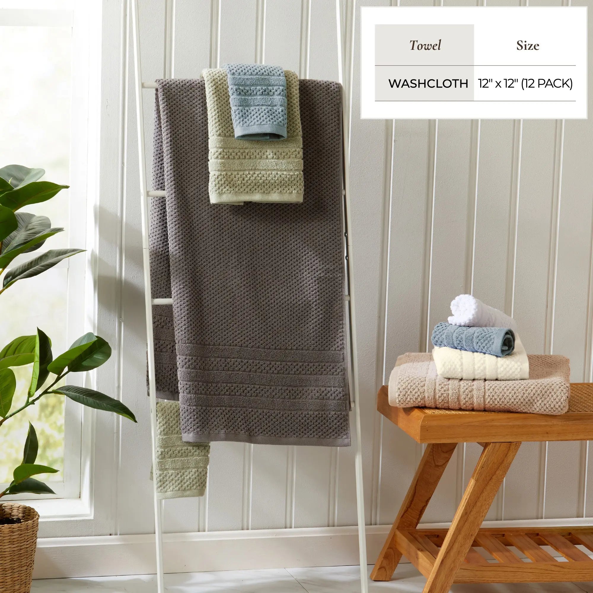 Bath towels & washcloths set; 100% cotton checkered jacquard in gray, beige and blue.