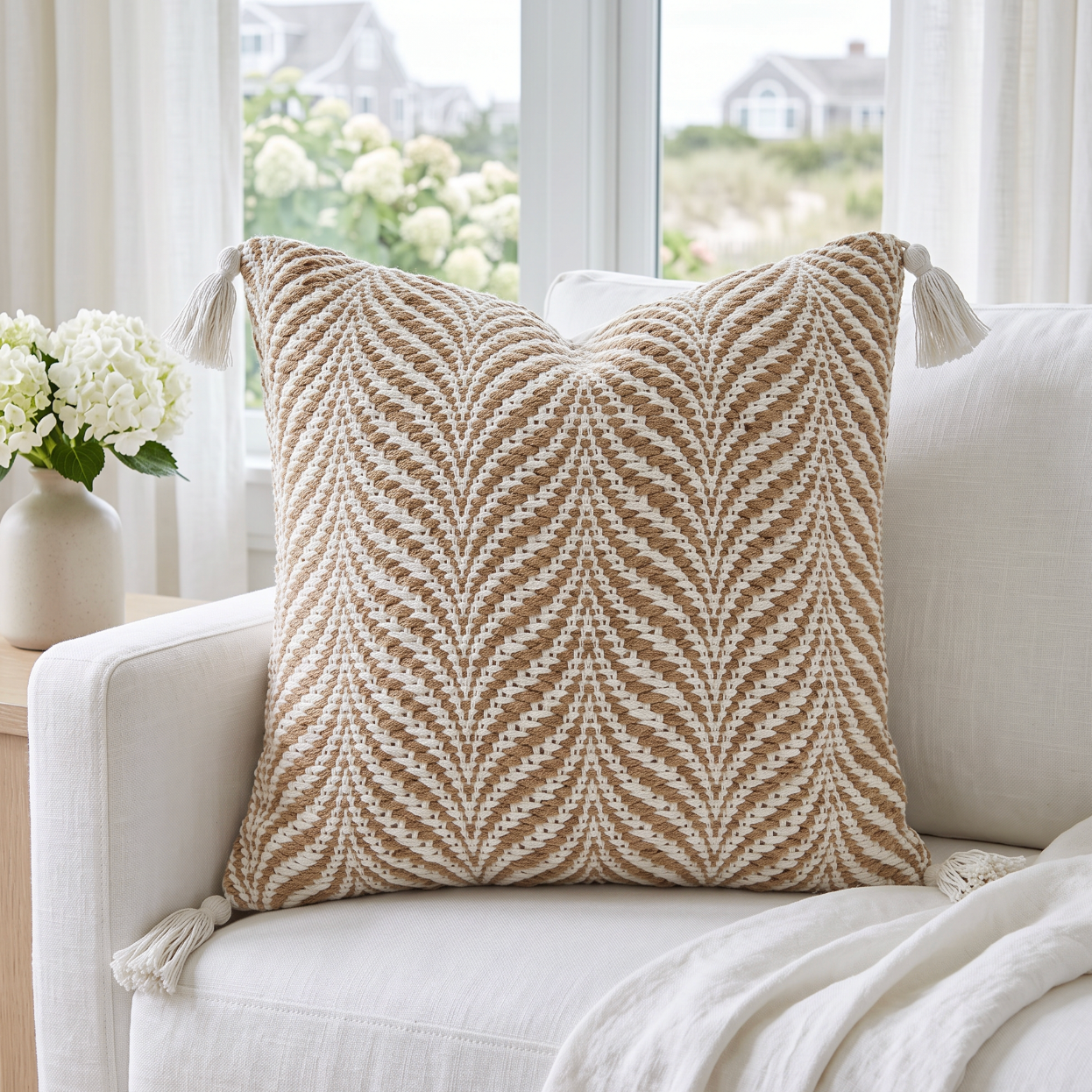 Jute‑cotton woven throw pillow with tassel corners and a wavy chevron pattern in natural and white tones.