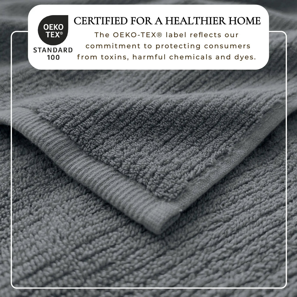Bath towel set in grey Turkish cotton ribbed fabric, 6-piece Georgiana Collection.
