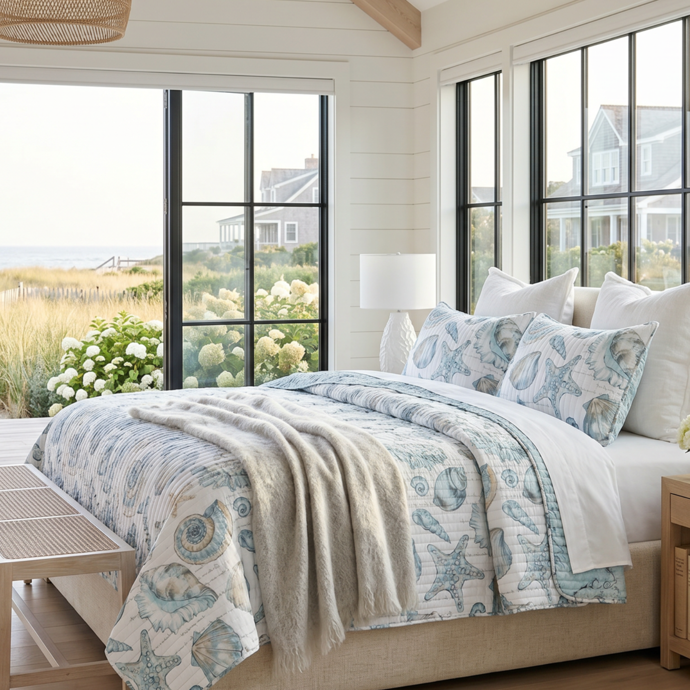 King coastal seashells quilt set in white and teal creating a fresh beachy bedroom look.