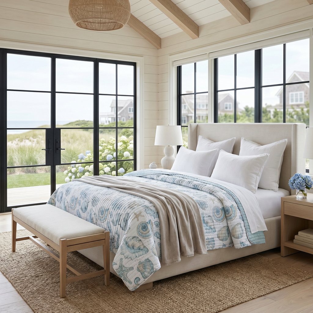 King size white and teal coastal seashells quilt set with matching shams