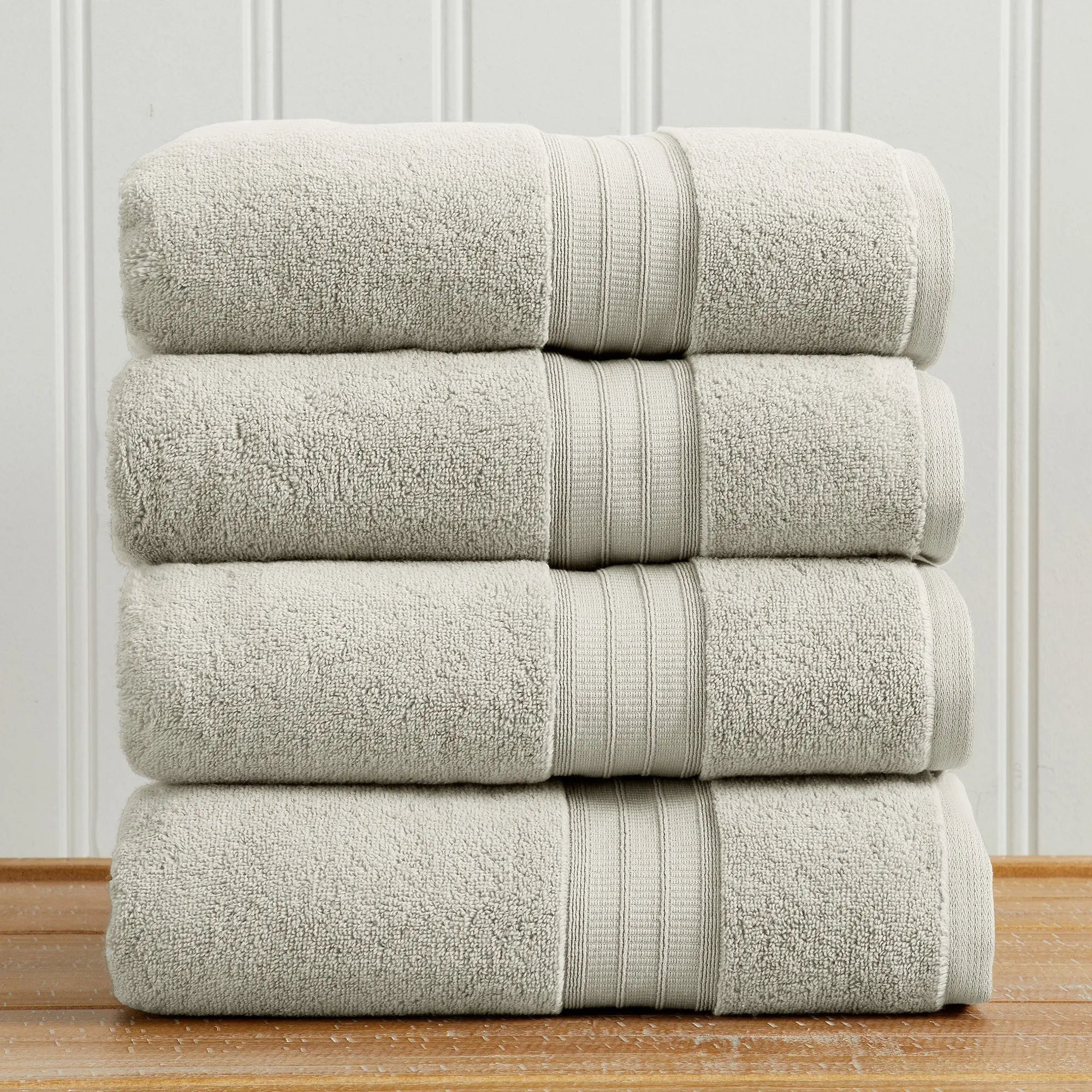 100% Cotton Premium Bath Towel Set - Chiara Collection, 4-pc beige towels stacked by Great Bay Home