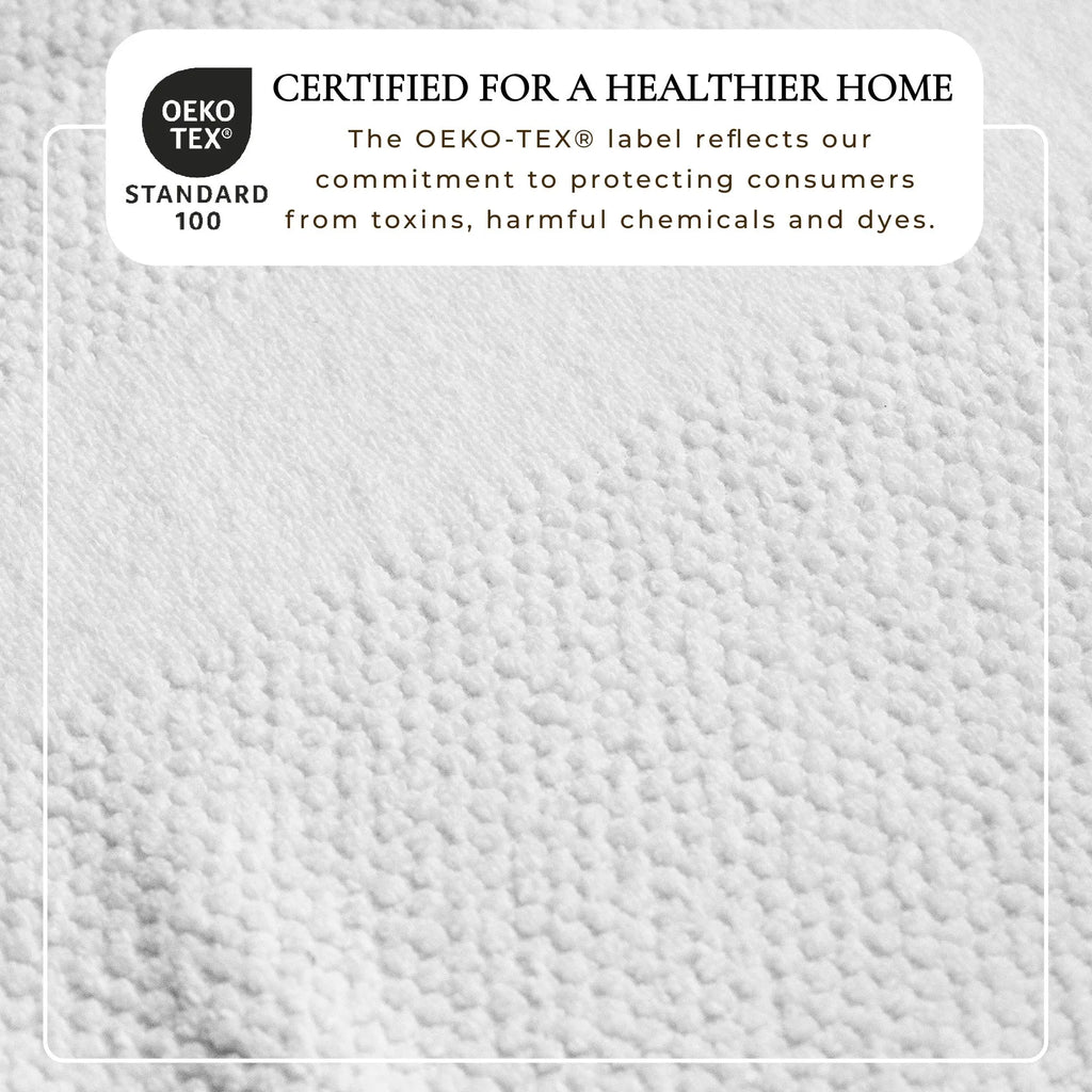 Marbella 100% cotton bath towel set by Great Bay Home; white woven texture with OEKO-TEX label.