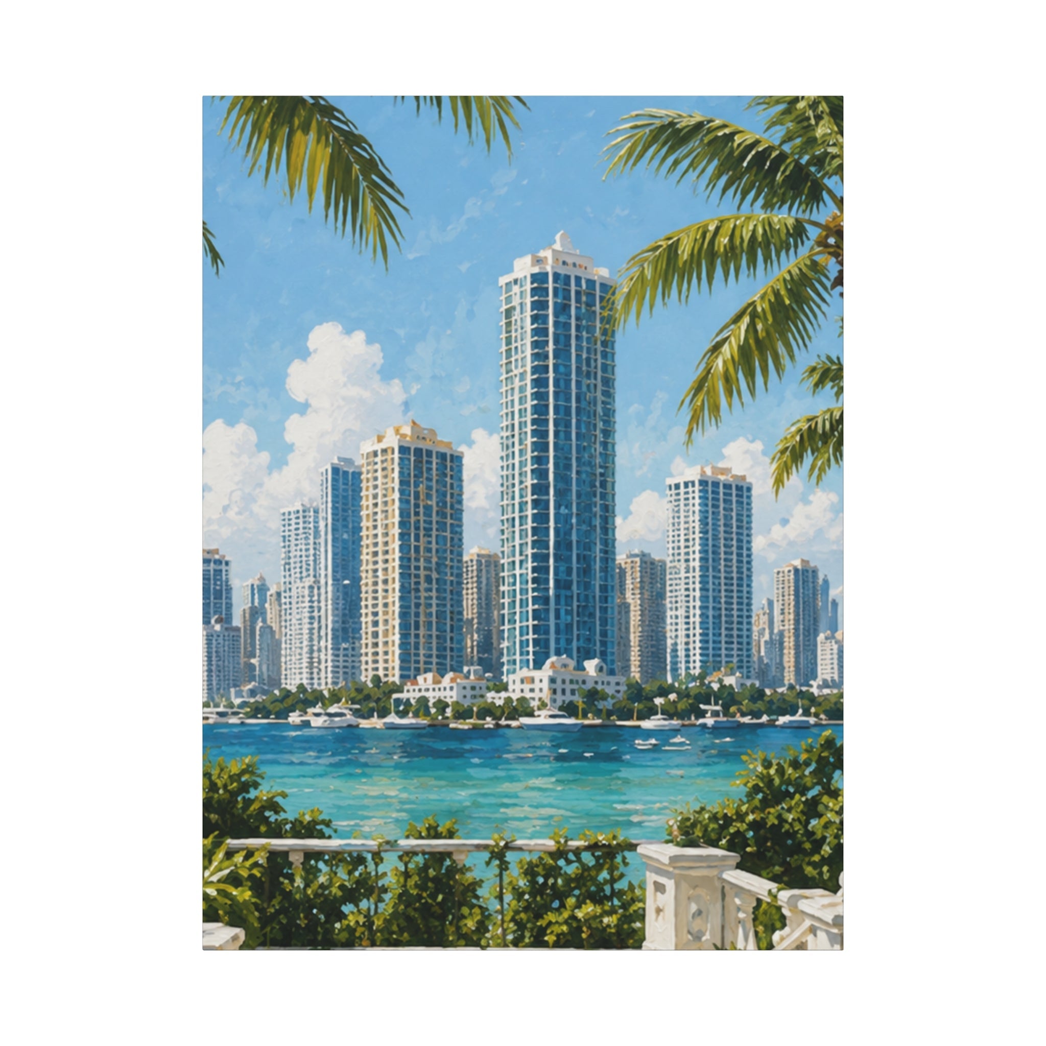 Modern Florida Miami skyline canvas print for stylish living room and hallway decor.