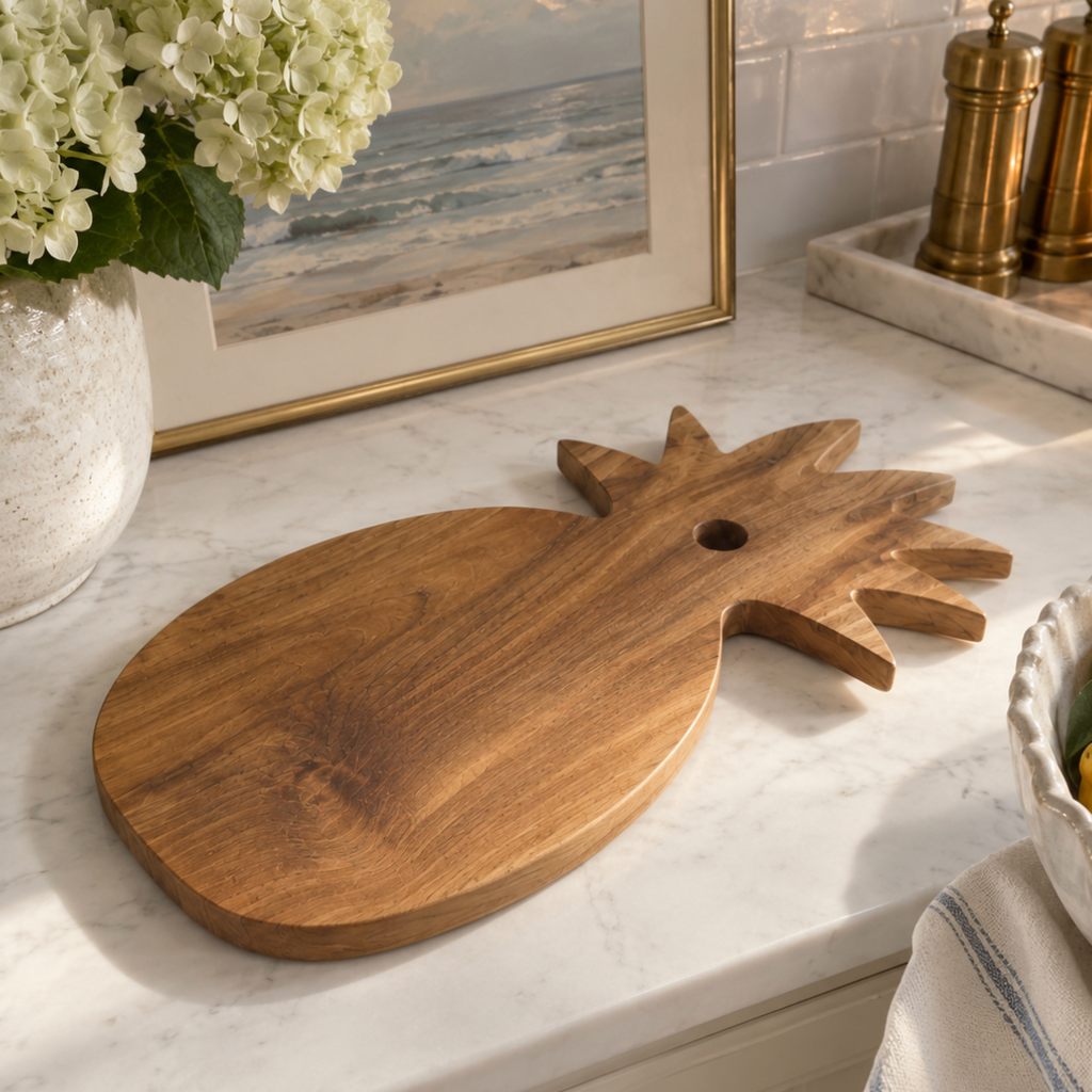 Large solid teak pineapple cutting board with warm golden-brown wood grain and a convenient hanging hole.