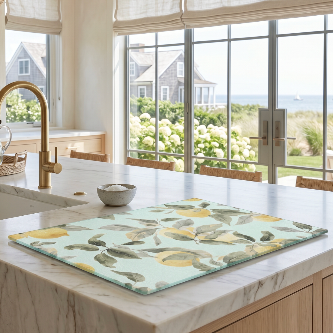Lemon glass cutting board and serving board used as a summer cheese and charcuterie tray on a dining table.