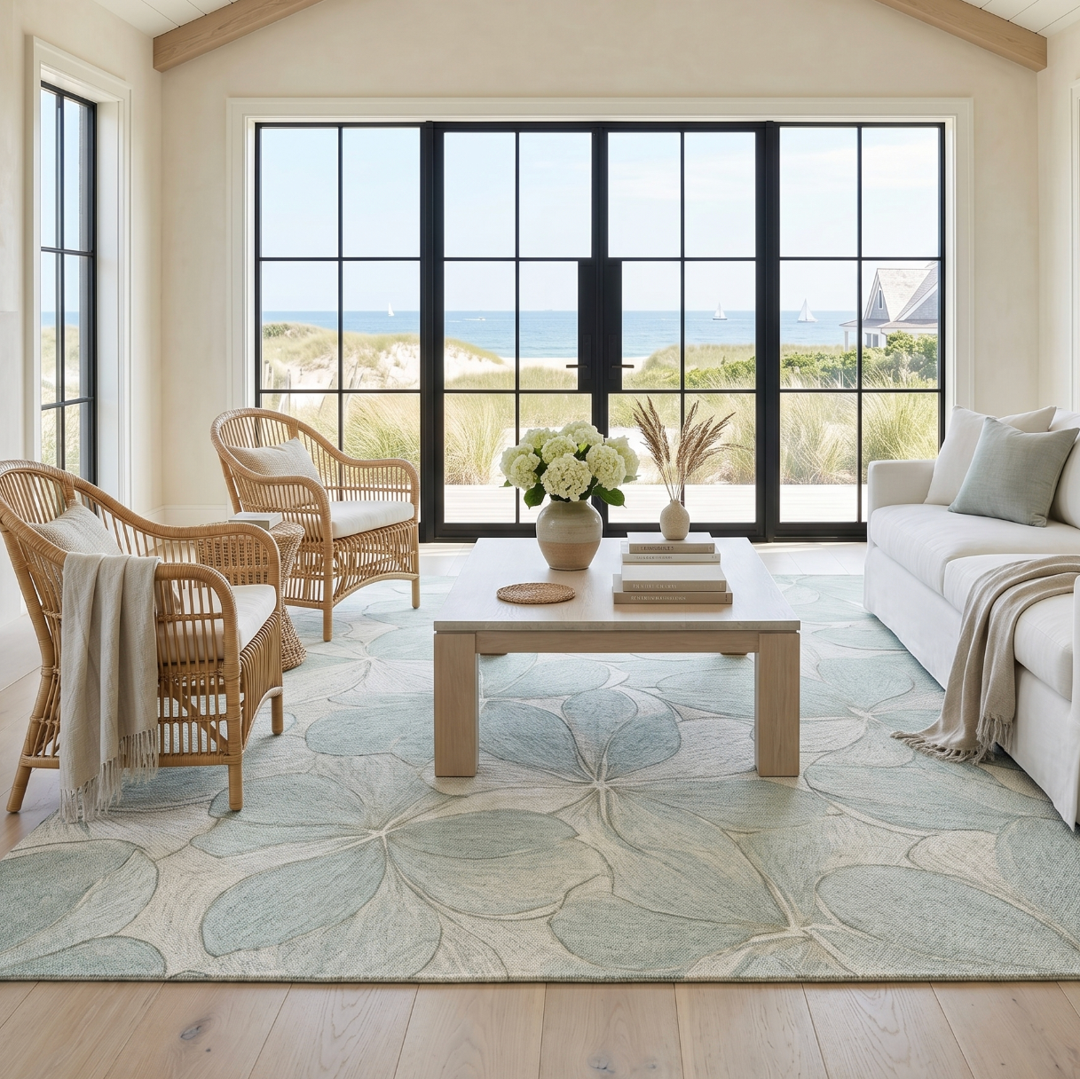 Light aqua botanical rug featuring large, abstract flower motifs for a serene living room or bedroom.