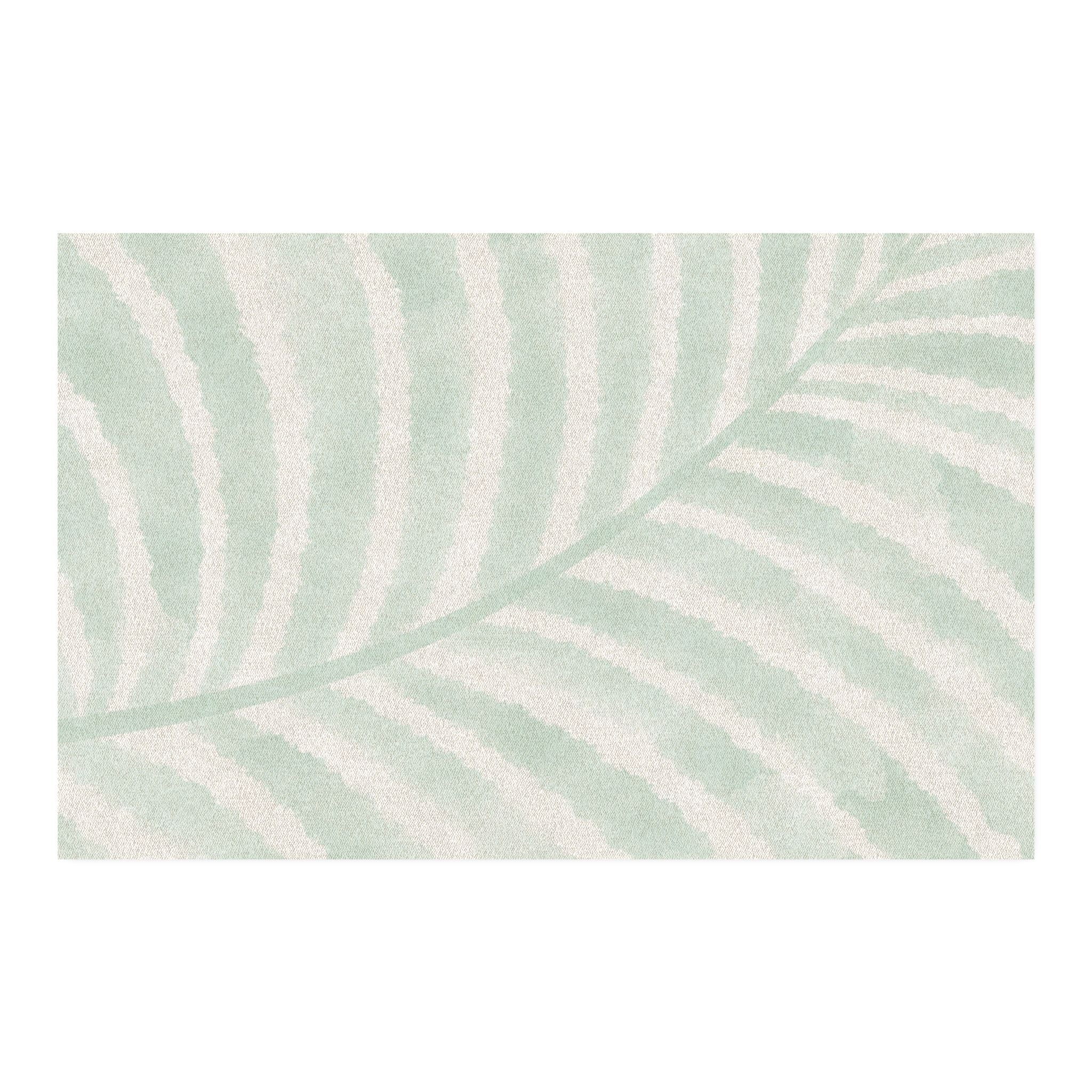 Light aqua tropical leaf rug featuring a large palm frond motif for a serene living room or bedroom.