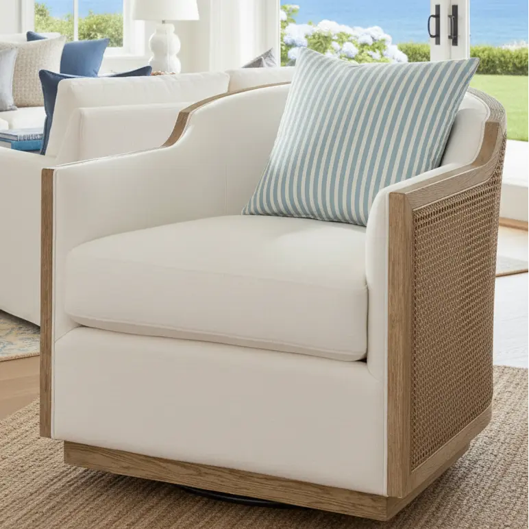 Hampton Stripe Throw Pillow in blue coastal stripes on white armchair with rattan sides, coastal living room.