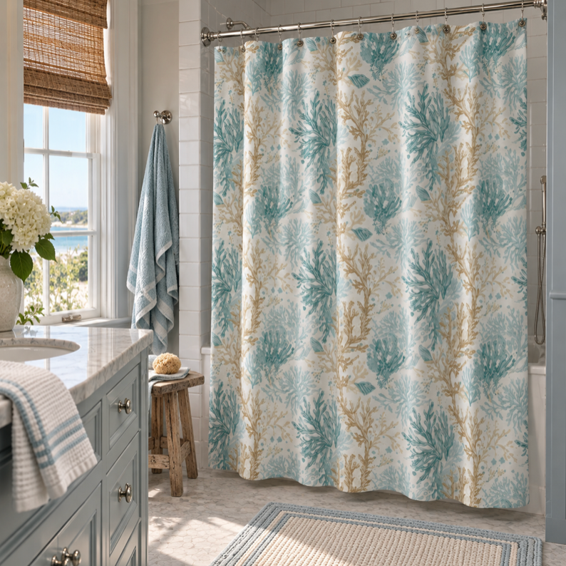 Light aqua coral pattern shower curtain for a coastal bathroom