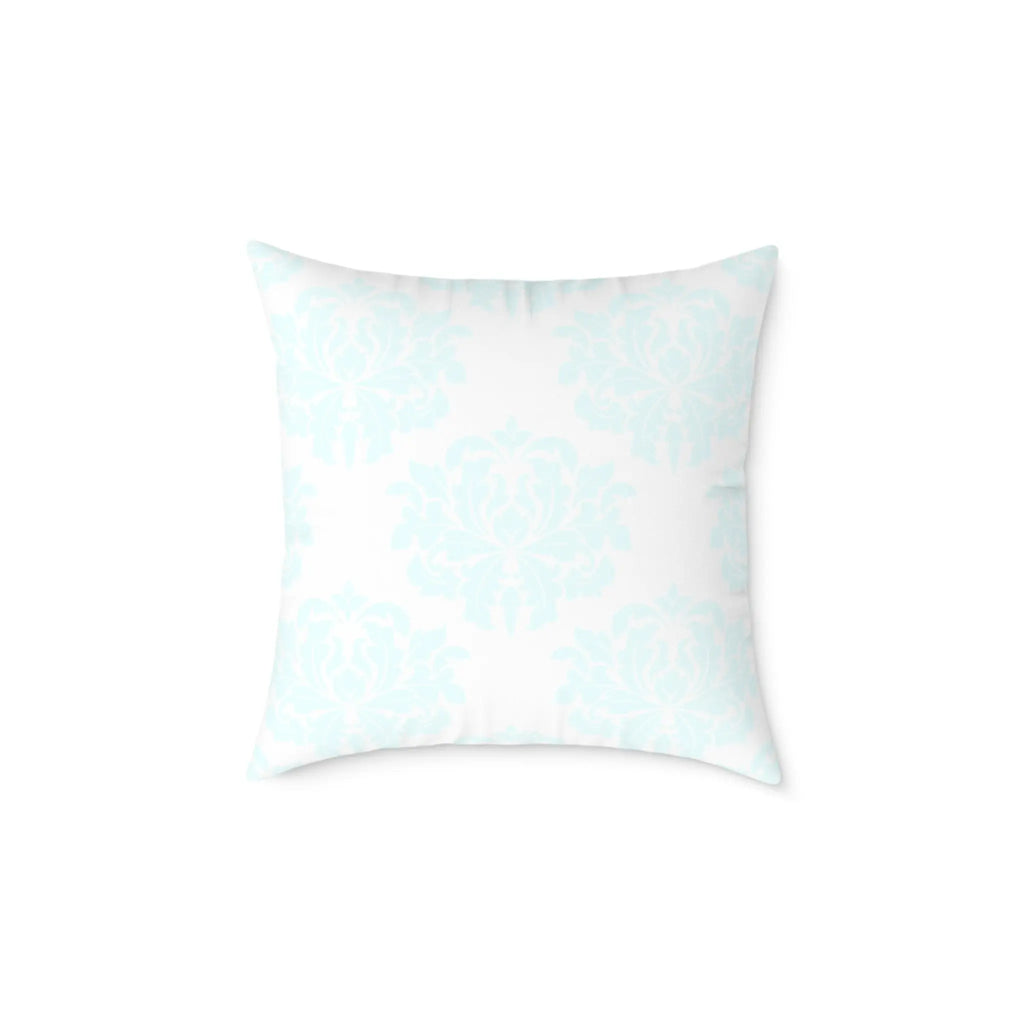 Aqua Versailles Throw Pillow with light aqua coastal damask pattern on white background.