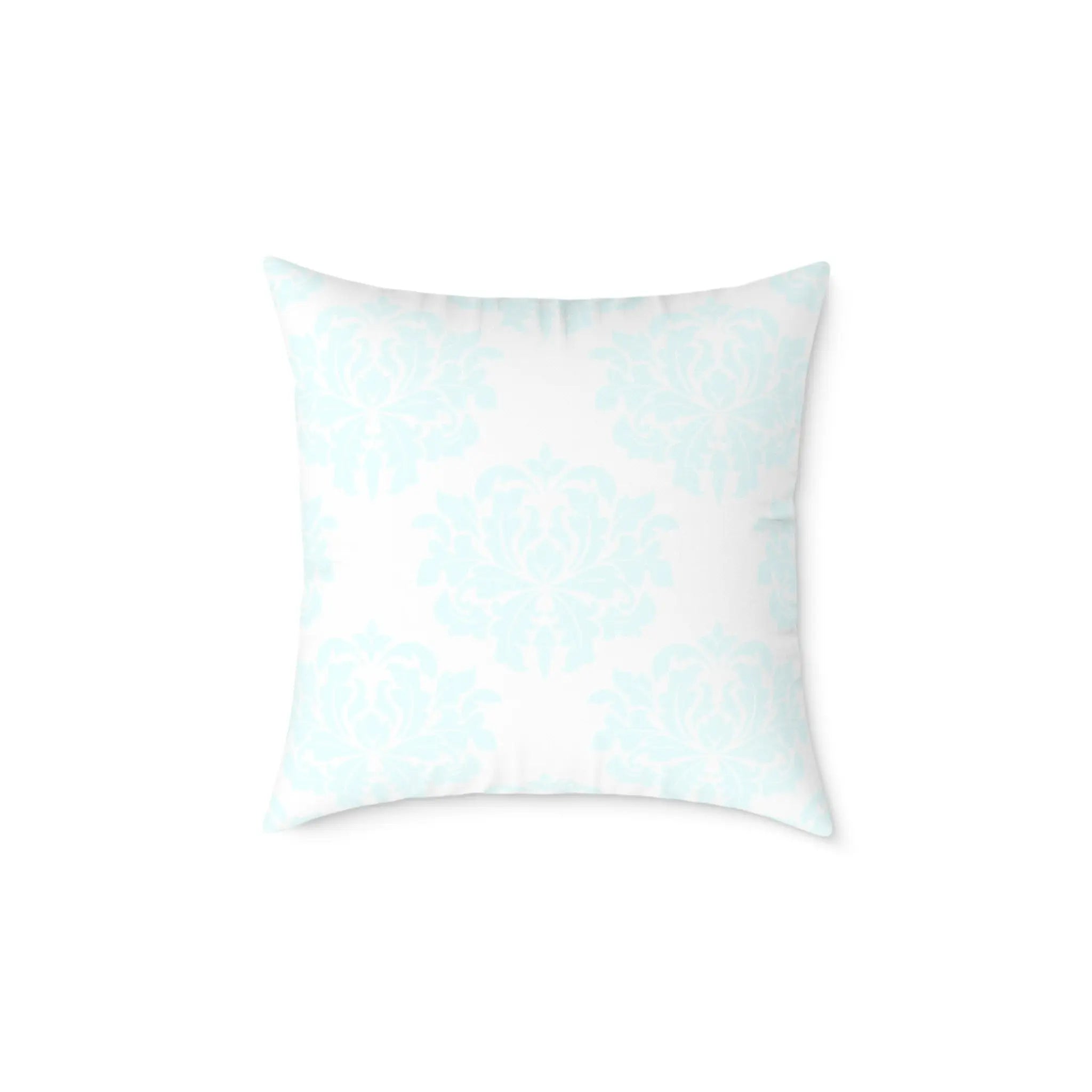 Aqua Versailles Throw Pillow with light aqua coastal damask pattern on white background.