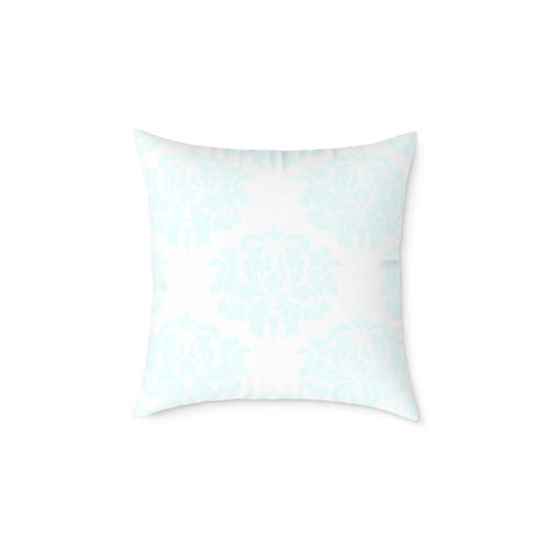 Aqua Versailles Throw Pillow with light aqua coastal damask pattern on white background.