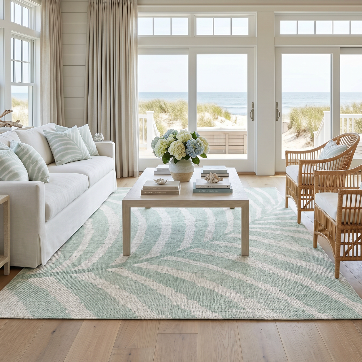 Large‑scale palm leaf area rug in pale aqua tones that anchors a calm, modern coastal room.