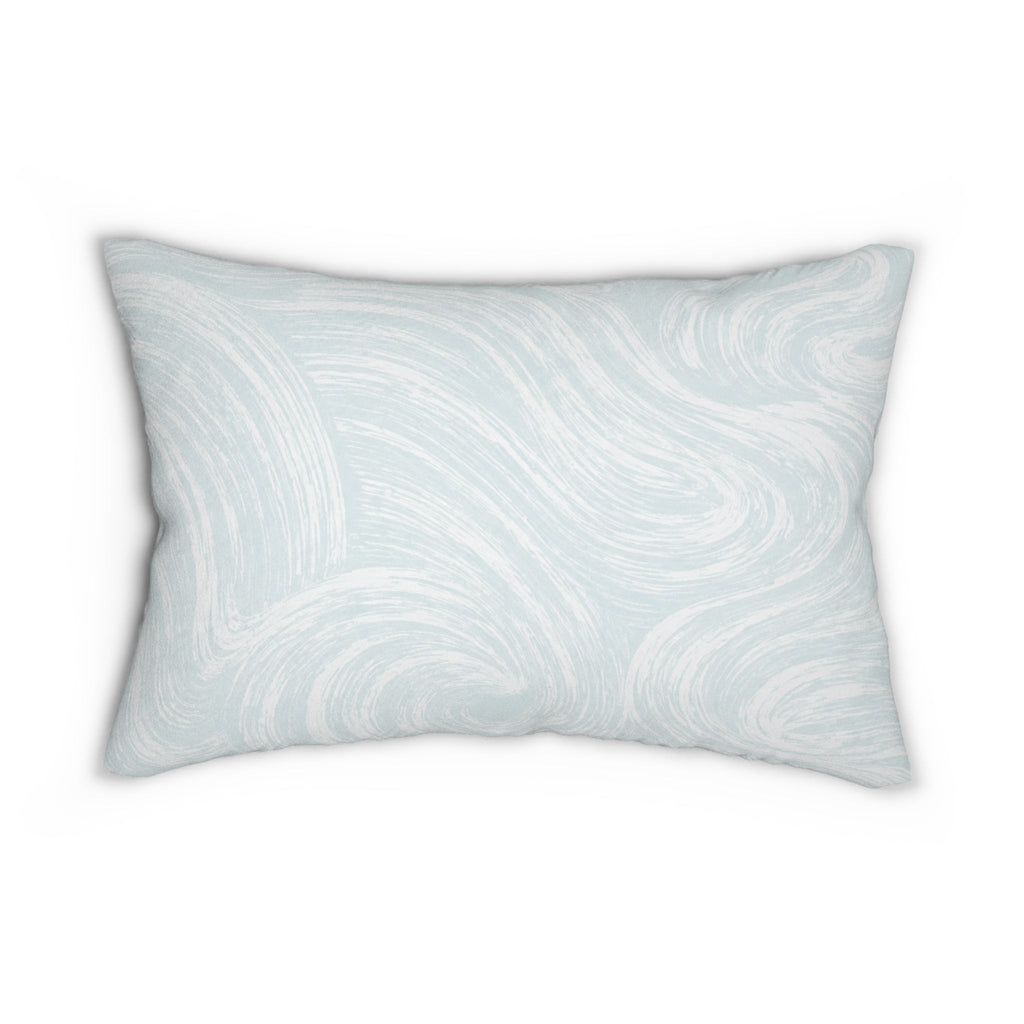Light blue abstract swirl lumbar pillow that adds subtle ocean‑inspired texture to a beach house sofa