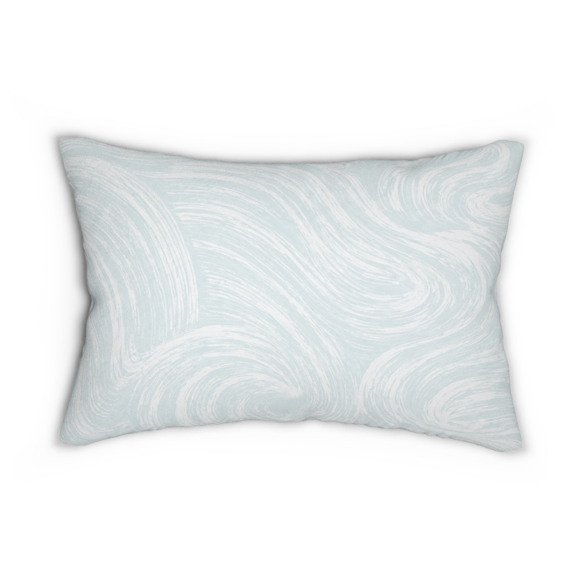 Light blue abstract swirl lumbar pillow that adds subtle ocean‑inspired texture to a beach house sofa