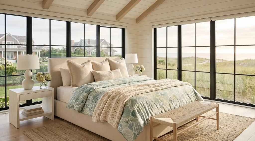 Light blue/green floral comforter set layered with white pillows in a relaxed coastal bedroom.