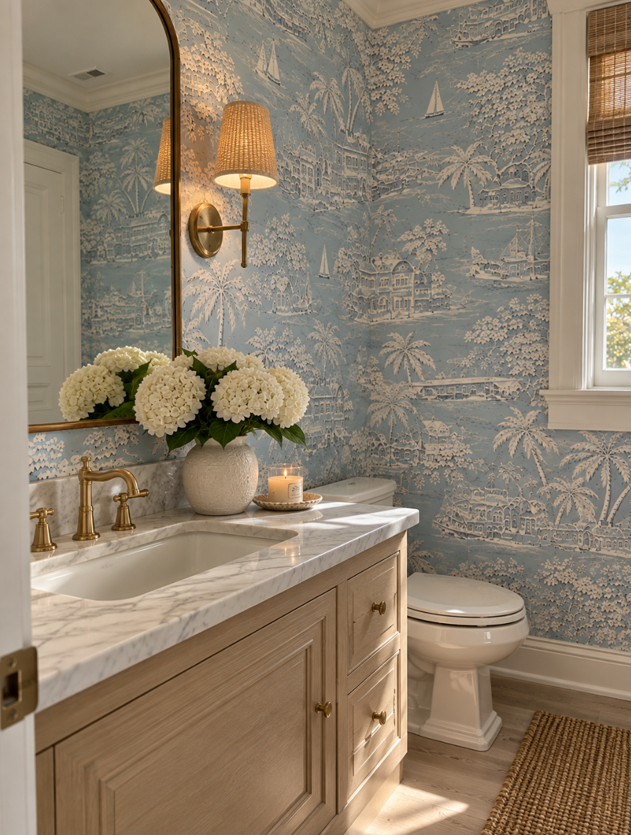 Light blue and white scenic wallpaper with detailed seaside houses and tropical coastal scenery.