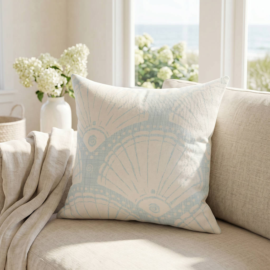 Coastal light blue seashell pattern pillow for beach house or nautical living room decor