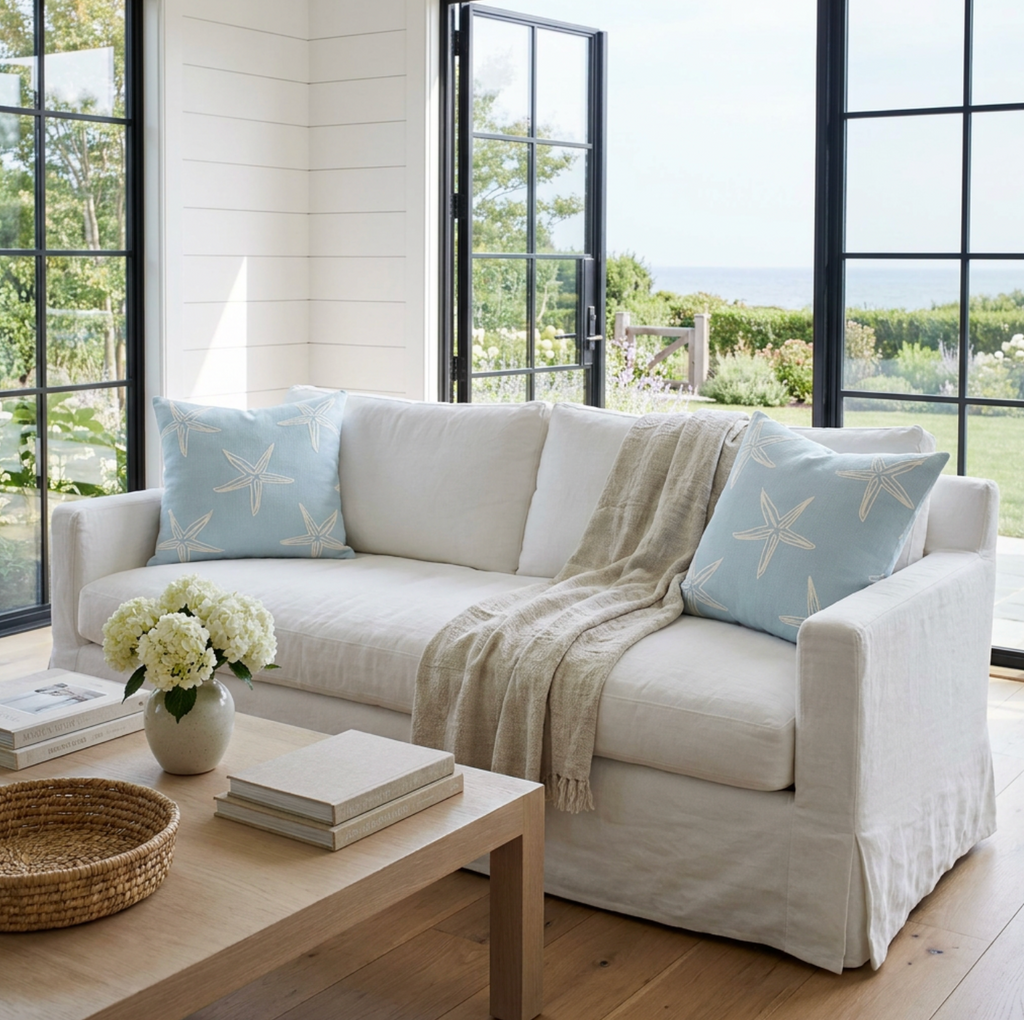 Coastal light blue starfish pattern throw pillow for beach house or nautical living room decor