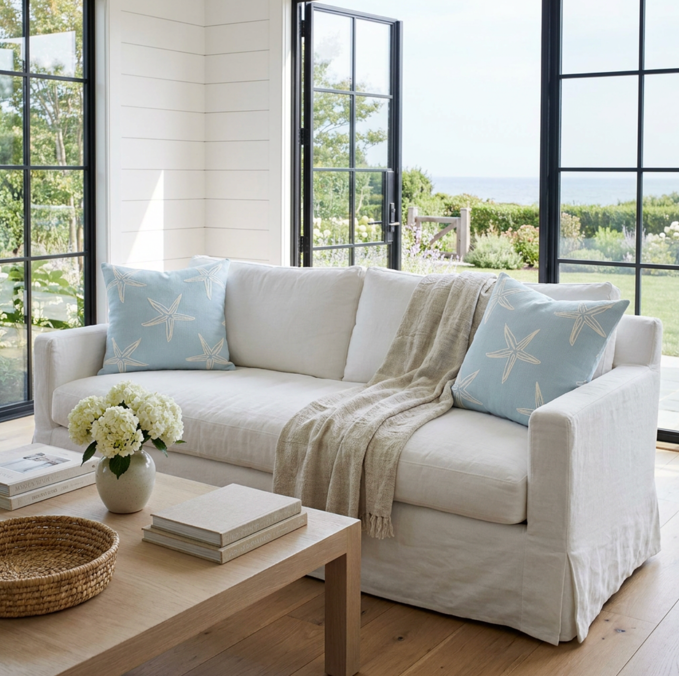 Coastal light blue starfish pattern throw pillow for beach house or nautical living room decor
