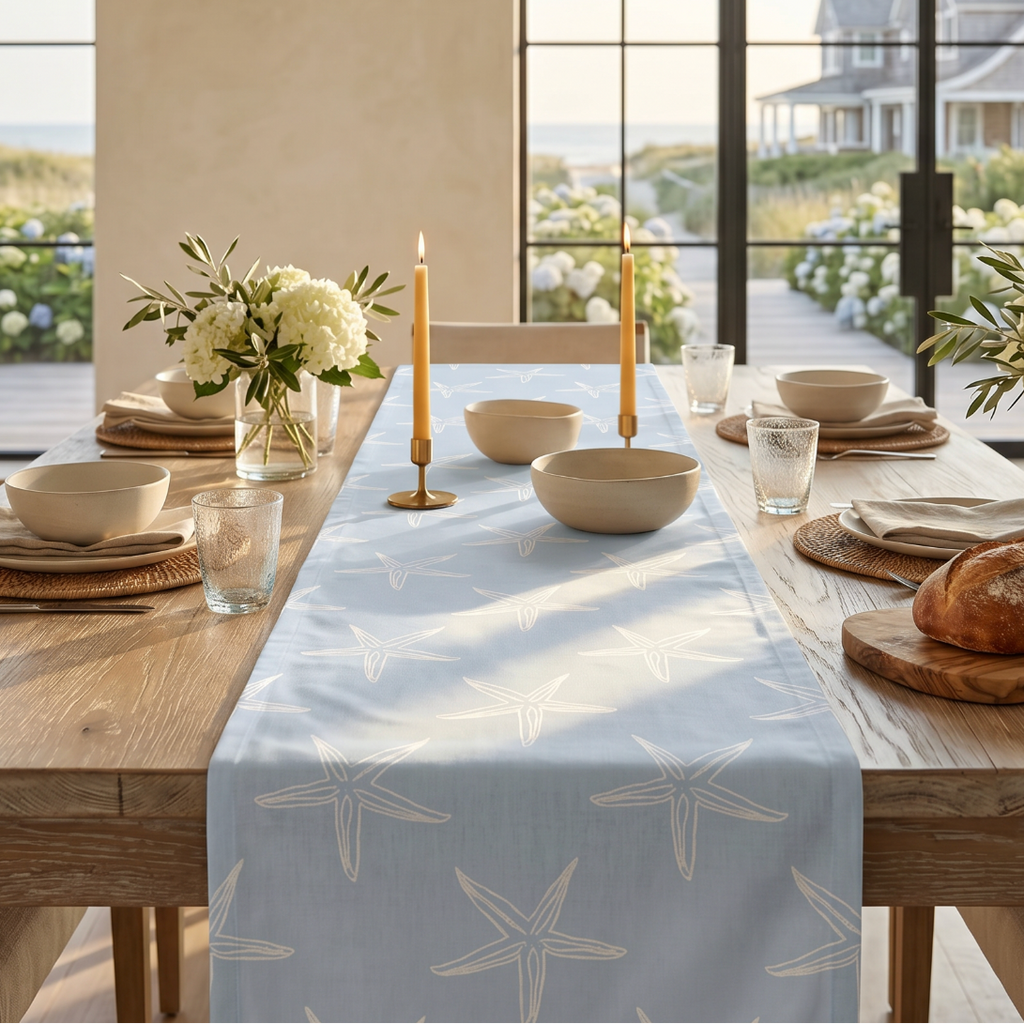 Coastal light blue and white starfish table runner running down the center of a wooden dining table