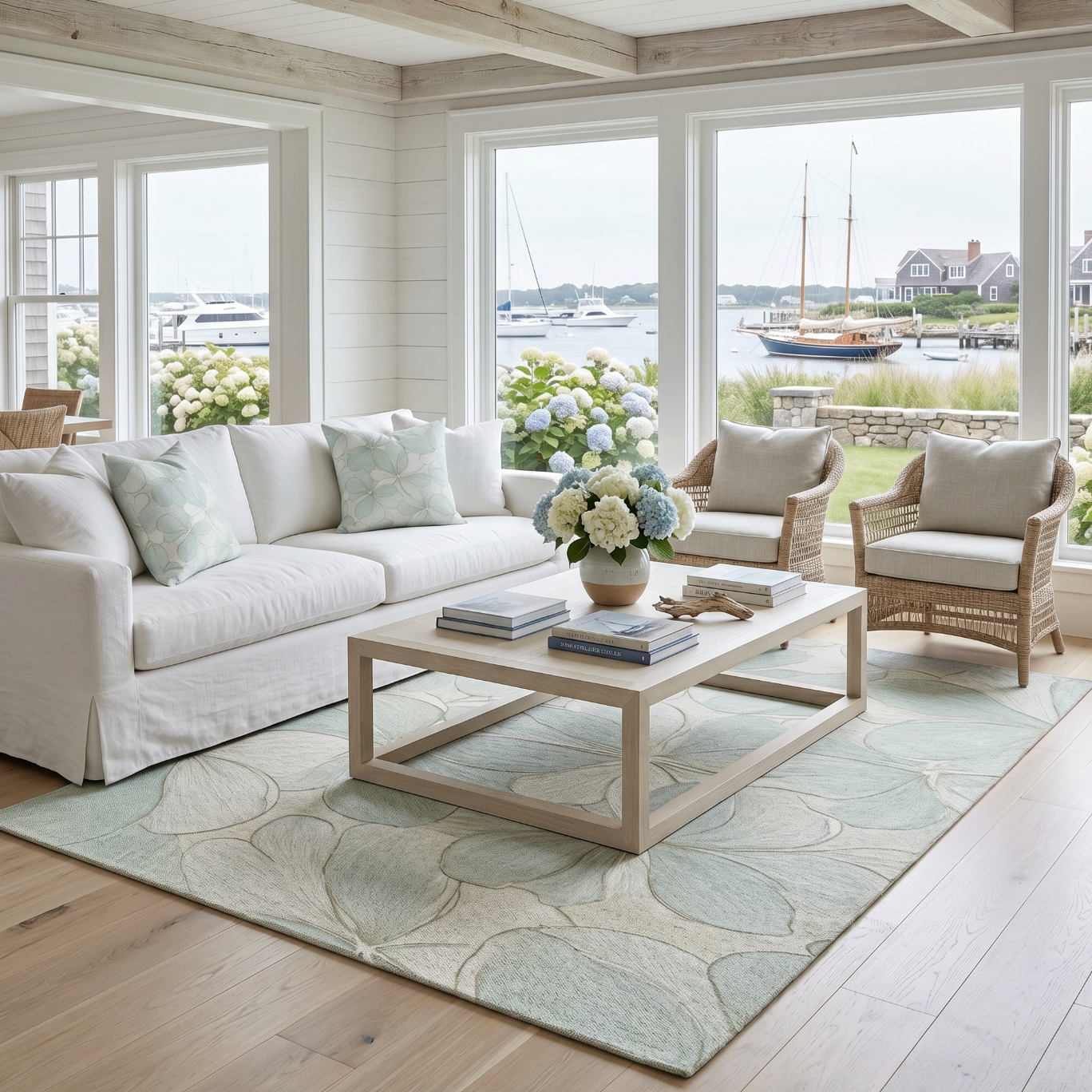 Soft blue‑green floral area rug that layers beautifully with white furniture and natural wood accents.