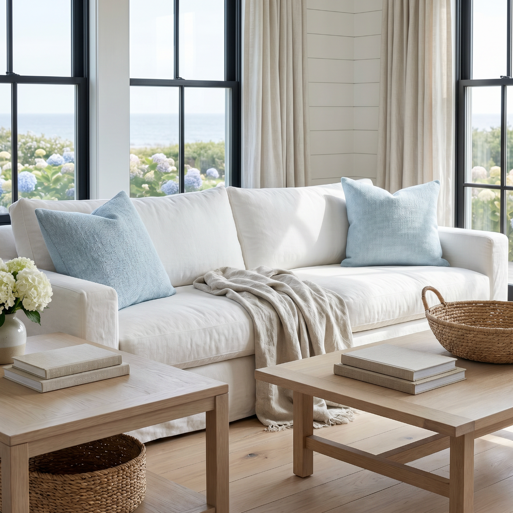 Aqua throw pillow used as a soft color accent on a beige couch