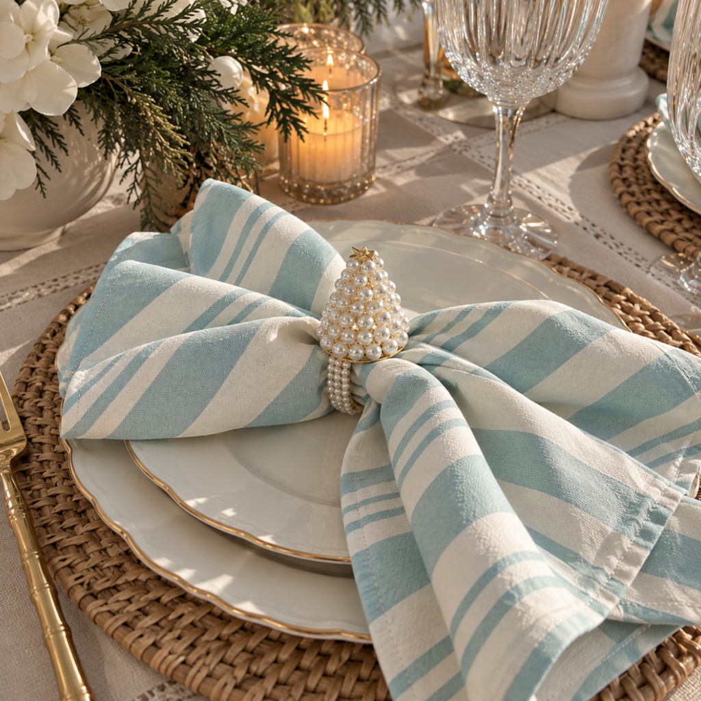 Light blue candy cane stripe linen napkins for elegant coastal Christmas table decor.