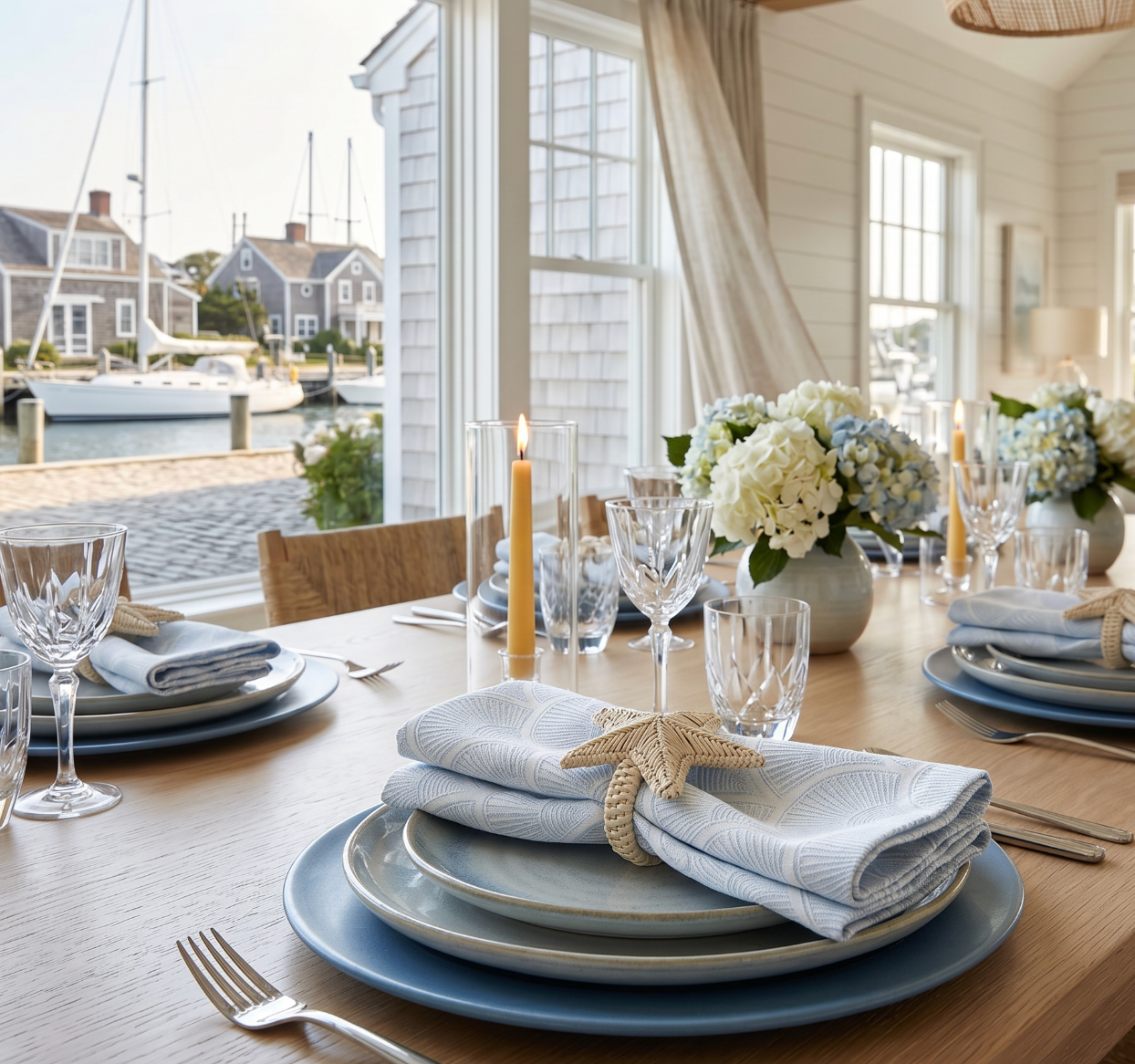 Coastal table setting with light blue shell print linen napkins, starfish napkin ring, rattan placemats, and blue dinnerware by a waterfront window.”